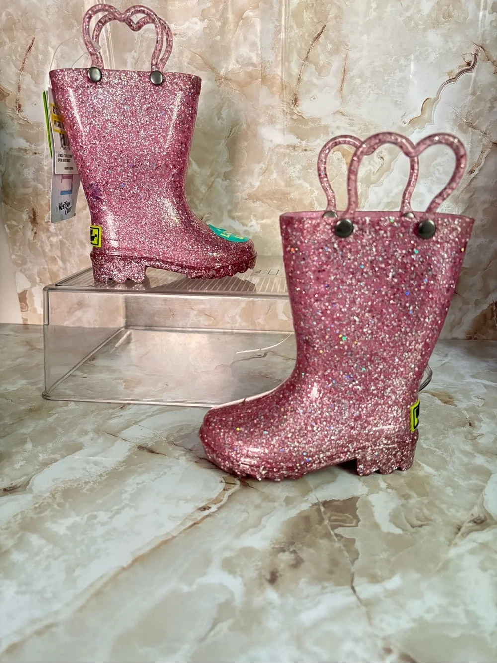 Western Chief Pink Glitter Kids Rain & Snow Boots with Heart Handles